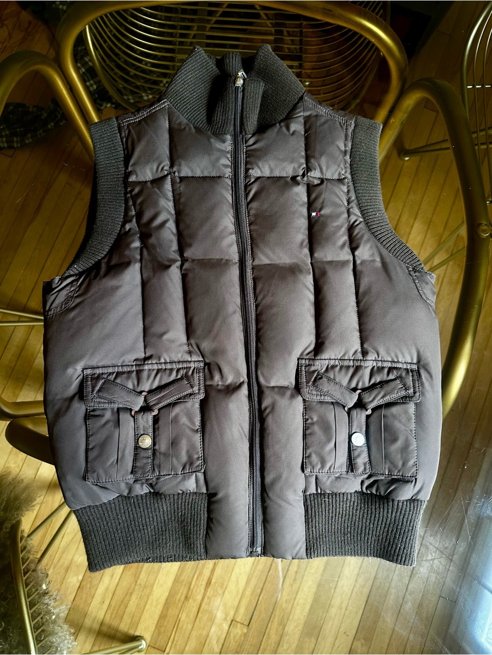 TOMMY HILFIGER Brown Quilted Puffer Vest with Rib-Knit Trim